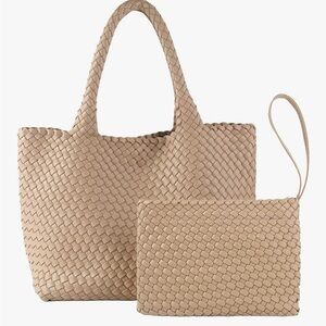 Elegant Tan Woven Tote and Clutch Set